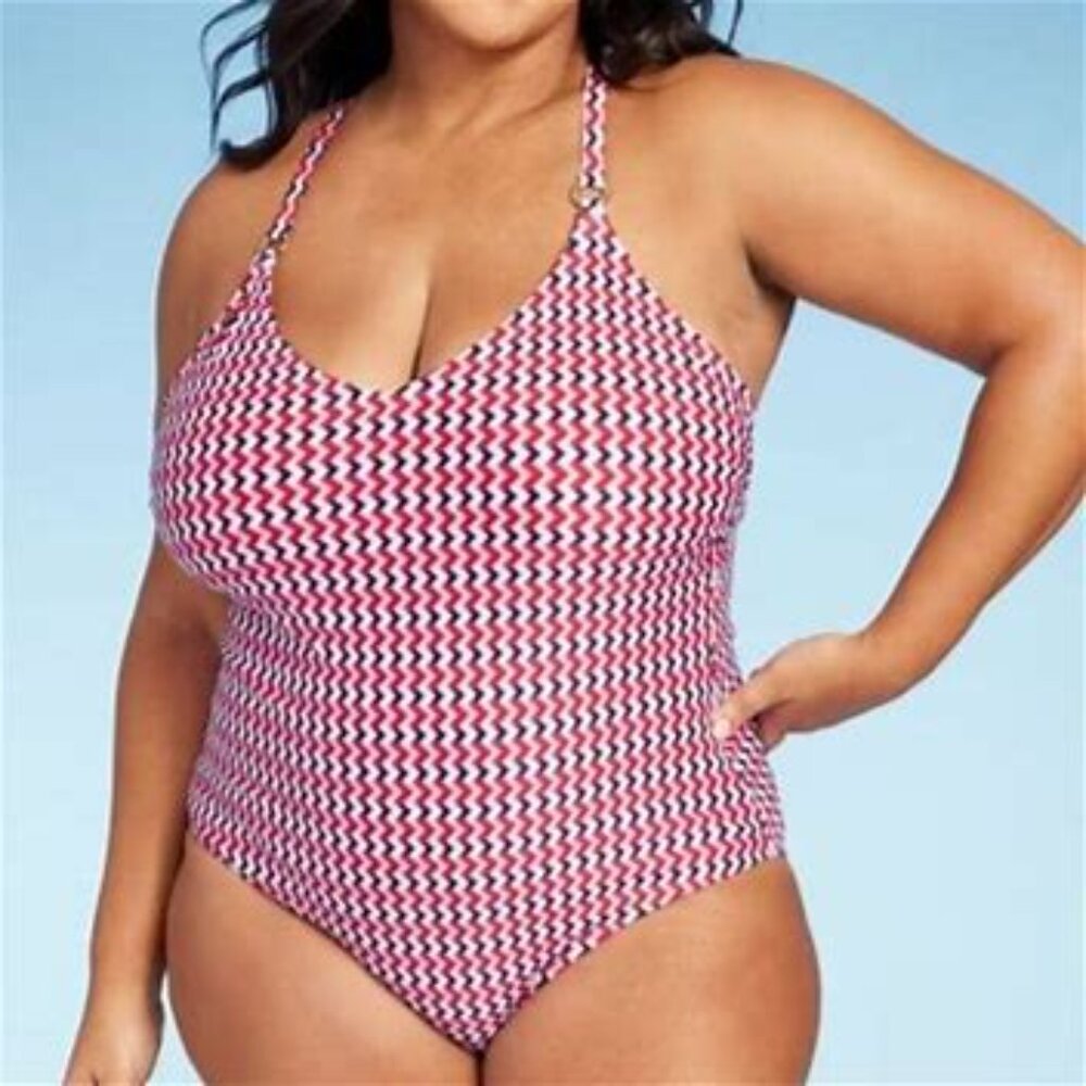 Kona Sol NWT Red, White, & Blue Chevron Print One-Piece Swimsuit Size: 22 (Plus)